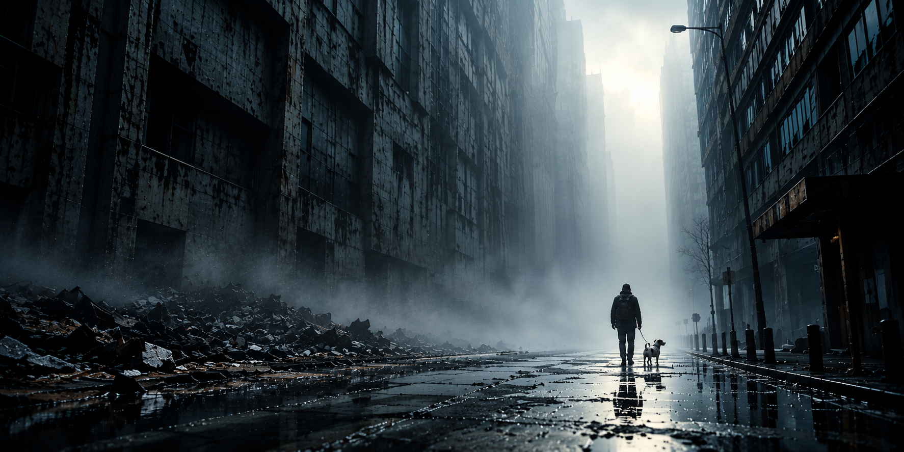 A solitary figure walks a small dog through a deserted, fog-filled city street